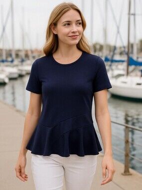J.Crew Structured Navy Peplum Top Women's Medium Stretch Knit Tailored Fit